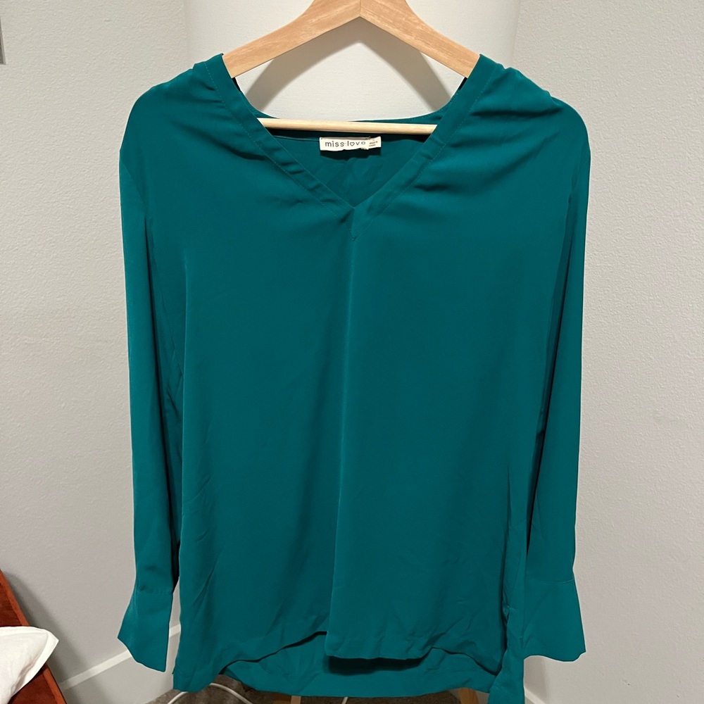 Miss Love Teal V-Neck Long Sleeve Blouse - Elegant Teal Top